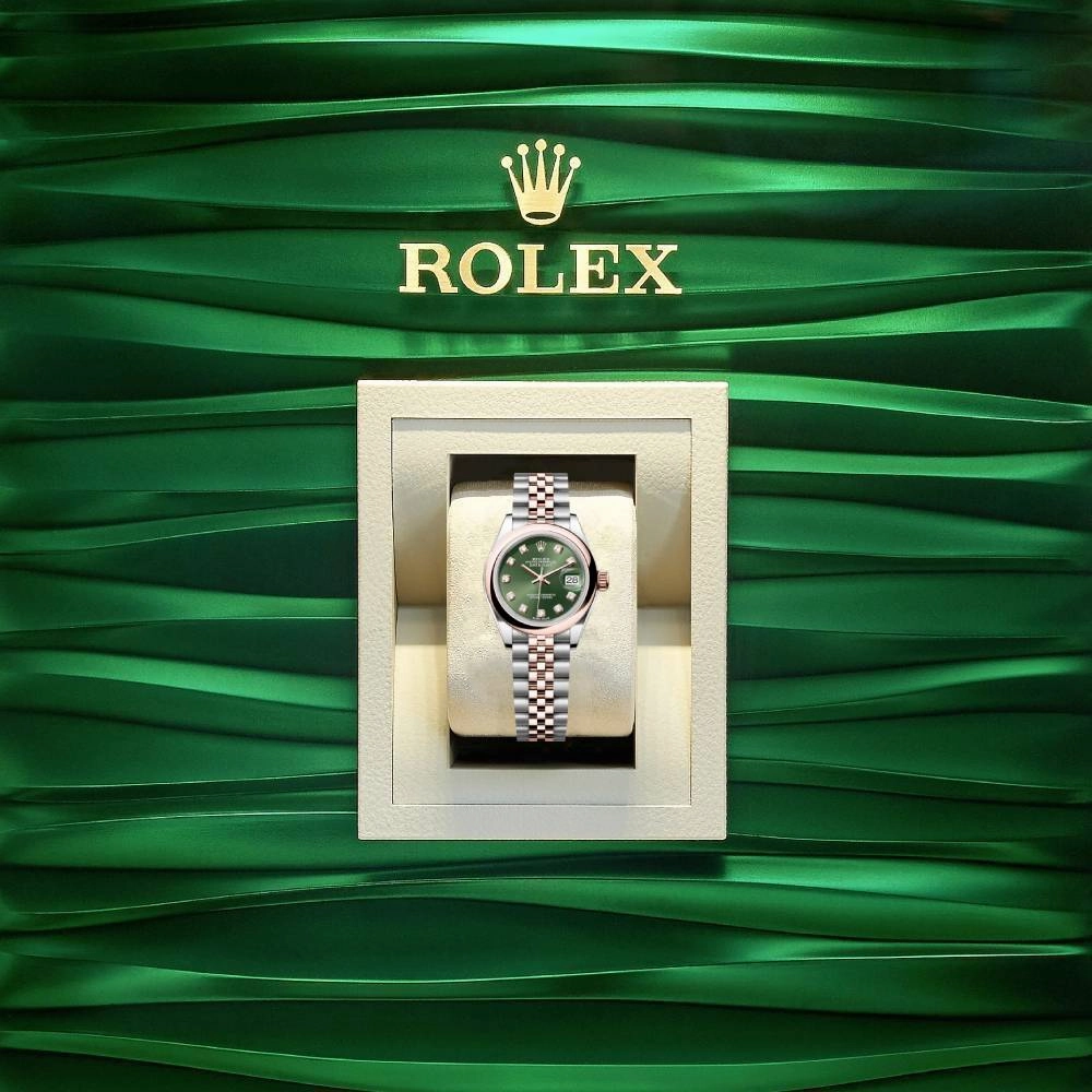 2024 Never Worn Rolex Lady-Datejust 28mm - Ref: 279161-0007 - Green Diamond Dial, Two Tone Stainless Steel & 18K Rose Gold Jubilee Bracelet Women's Watch
