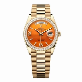 2024 Release Rolex Datejust 36mm - Ref: 128348rbr-0049 - Carnelian Orange Roman Diamond & Diamond Bezel, 18K Yellow Gold Presidential Bracelet Watch