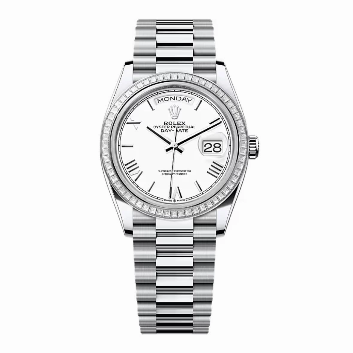 2024 Release Rolex Day-Date 36 mm | Platinum President bracelet | White dial Diamond bezel | Men's Watch 128396TBR