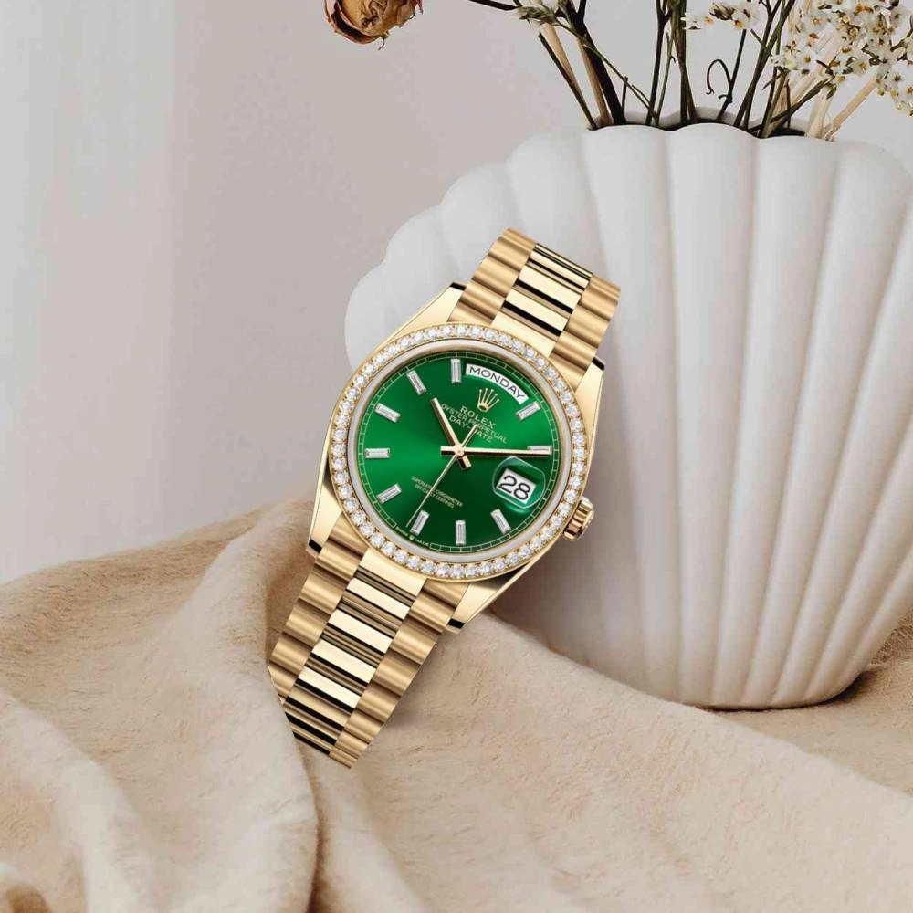 2024 Release Rolex Day-Date 36mm - Ref: 128348rbr-0078 - Bright Green Diamond Dial & Diamond Bezel, 18K Yellow Gold Presidential Bracelet Watch
