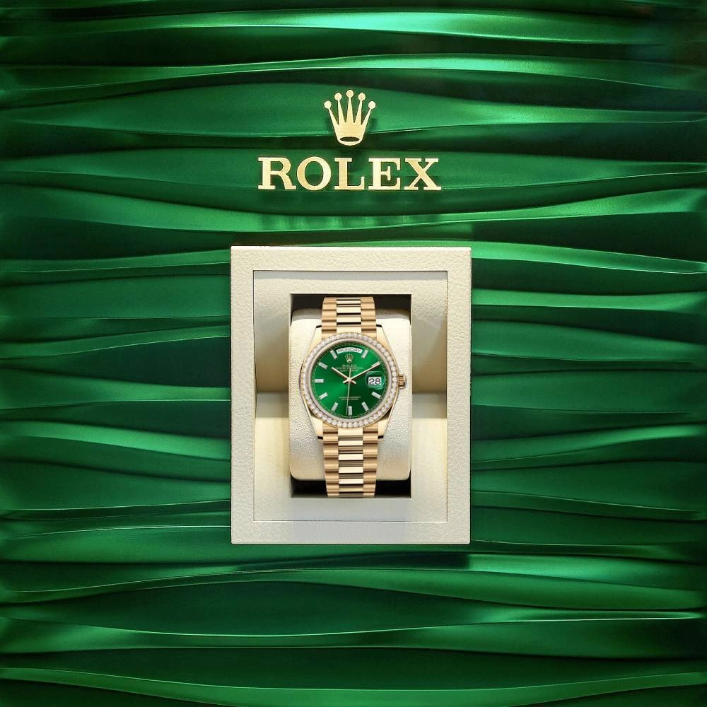 2024 Release Rolex Day-Date 36mm - Ref: 128348rbr-0078 - Bright Green Diamond Dial & Diamond Bezel, 18K Yellow Gold Presidential Bracelet Watch