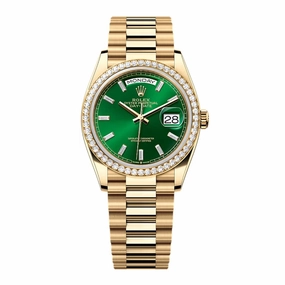 2024 Release Rolex Day-Date 36mm - Ref: 128348rbr-0078 - Bright Green Diamond Dial & Diamond Bezel, 18K Yellow Gold Presidential Bracelet Watch