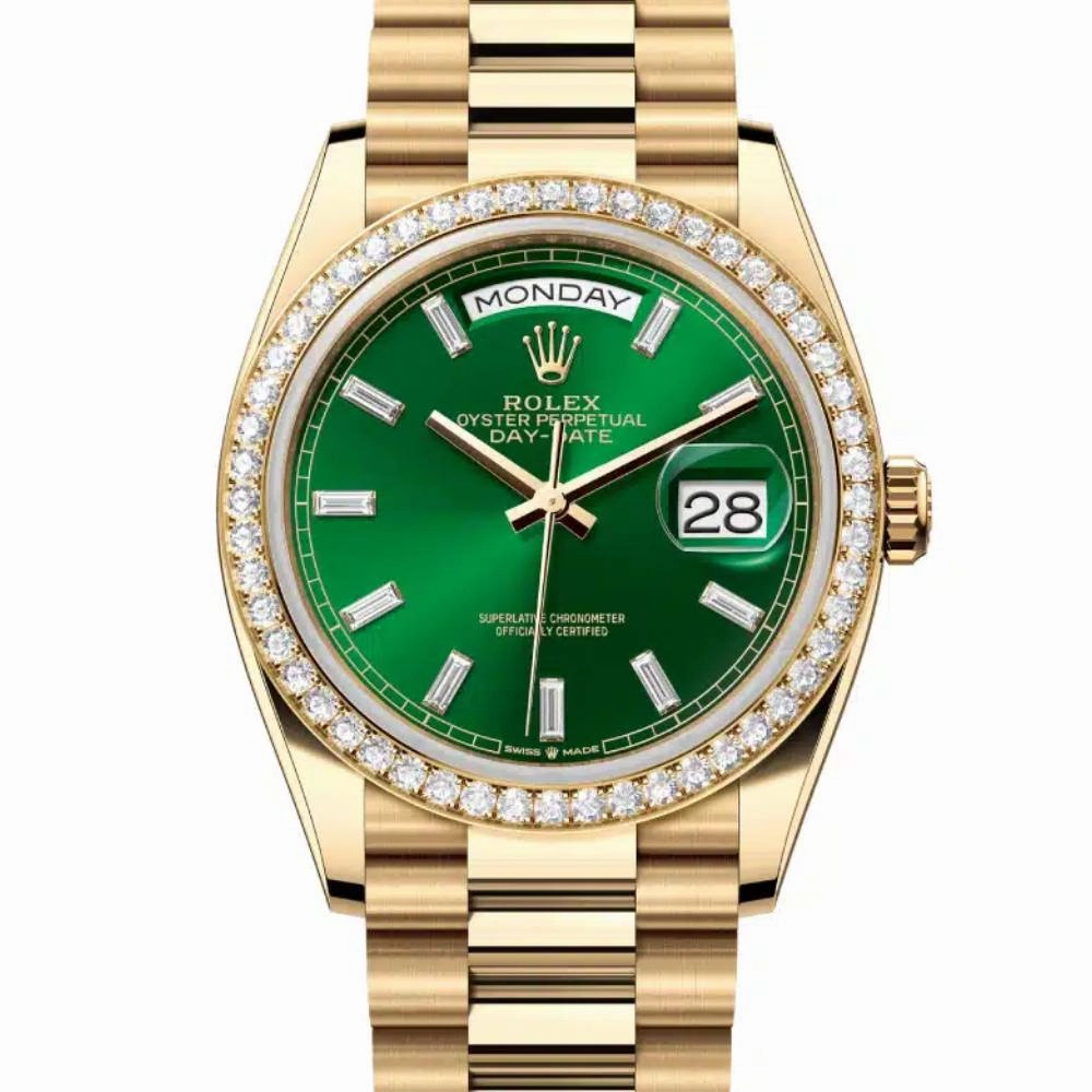 2024 Release Rolex Day-Date 36mm - Ref: 128348rbr-0078 - Bright Green Diamond Dial & Diamond Bezel, 18K Yellow Gold Presidential Bracelet Watch