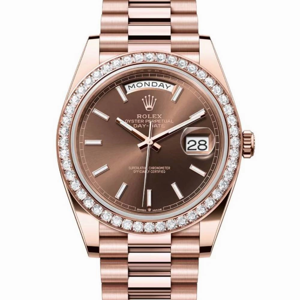 2024 Release Rolex Day-Date 40 mm | 18k Everose gold President bracelet | Chocolate Stick dial Diamond bezel | Men's Watch 228345RBR