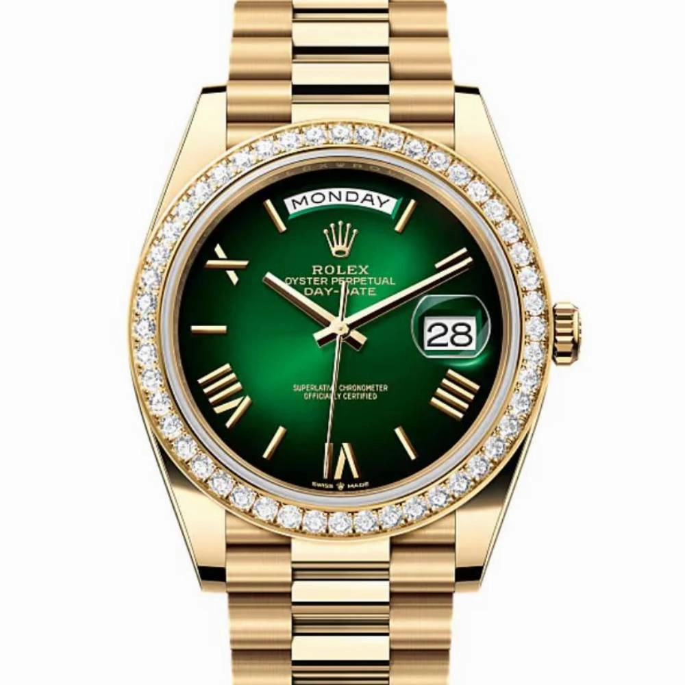 2024 Release Rolex Day-Date 40 mm | 18k yellow gold President bracelet | Green ombr dial Diamond bezel | Men's Watch 228348RBR