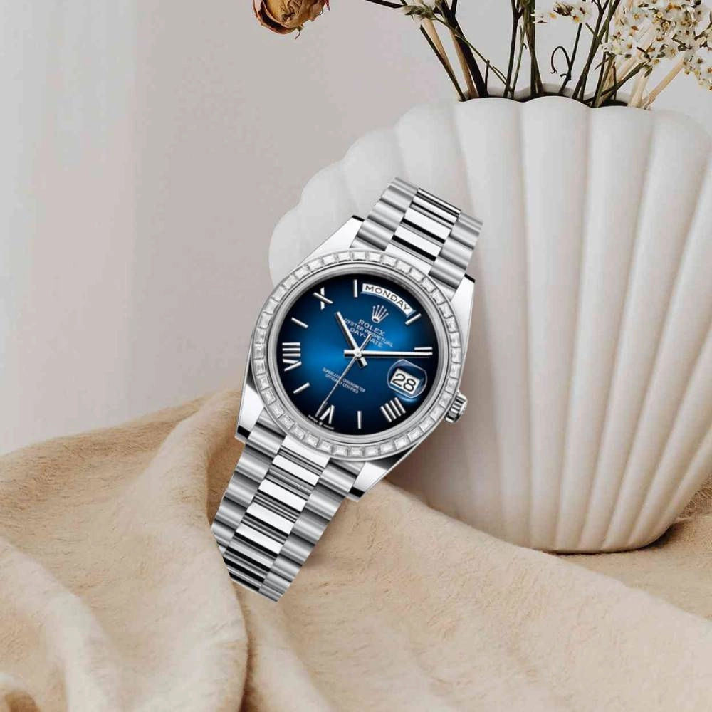 2024 Release Rolex Day-Date 40 mm | Platinum President bracelet | Blue ombr dial Diamond bezel | Men's Watch 228396TBR