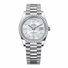 2024 Release Rolex Day Date 40mm - Ref: 228396TBR-0043 - White Mother of Pearl Dial & Diamond Bezel, Platinum President Bracelet Men's Watch