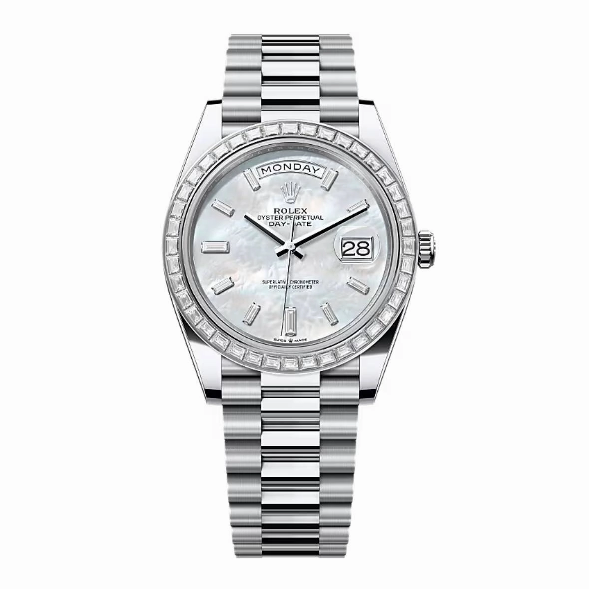 2024 Release Rolex Day Date 40mm - Ref: 228396TBR-0043 - White Mother of Pearl Dial & Diamond Bezel, Platinum President Bracelet Men's Watch