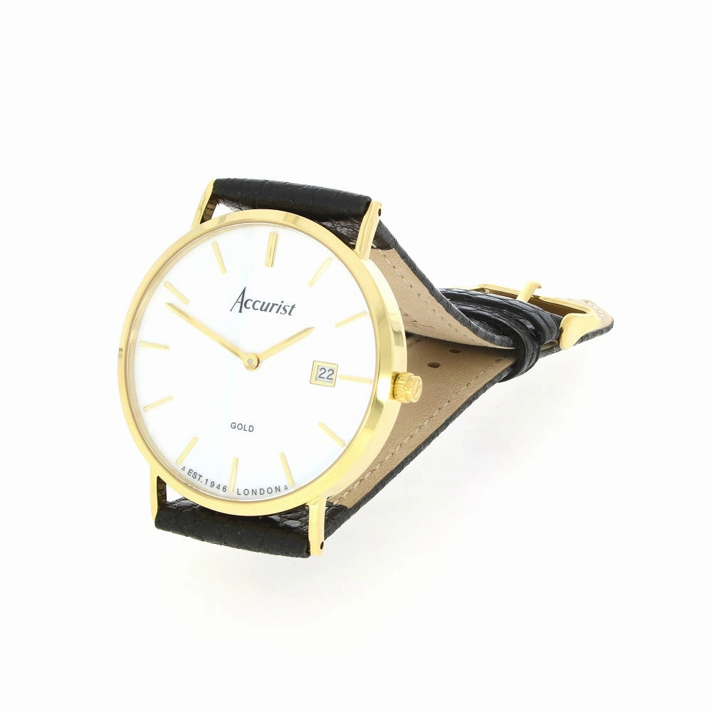 Accurist 9ct Gold Mens Watch White Dial Black Strap 7801