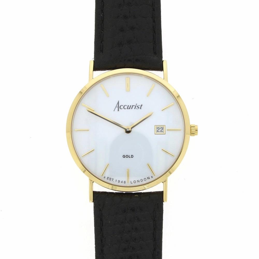 Accurist 9ct Gold Mens Watch White Dial Black Strap 7801