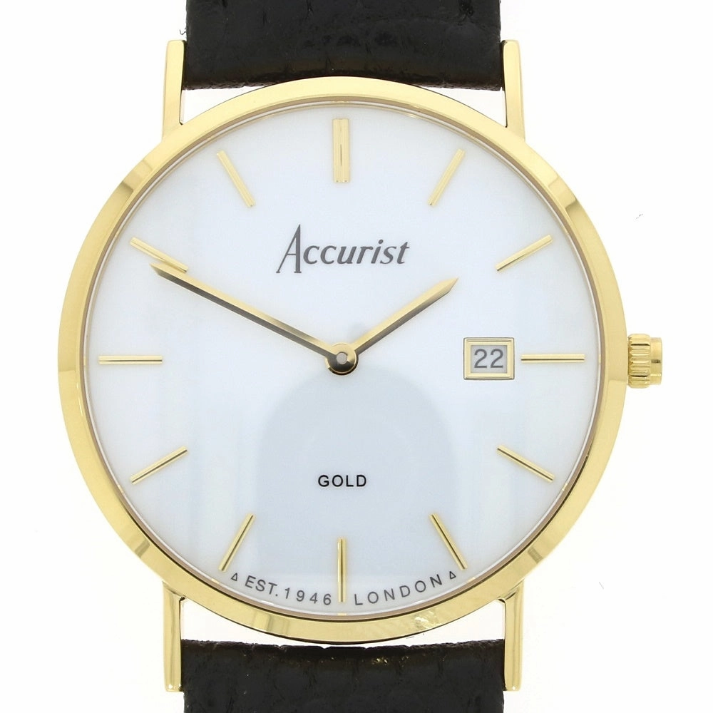 Accurist 9ct Gold Mens Watch White Dial Black Strap 7801