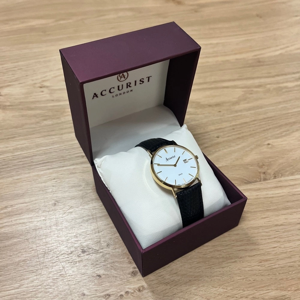 Accurist 9ct Gold Mens Watch White Dial Black Strap 7801