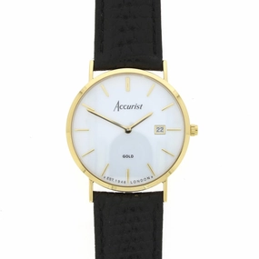 Accurist 9ct Gold Mens Watch White Dial Black Strap 7801