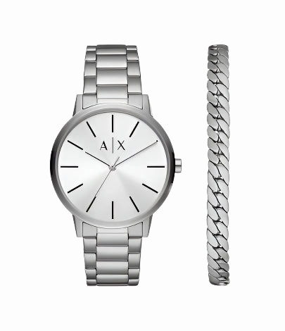 Armani Exchange - Three-Hand Stainless Steel Watch and Bracelet Gift Set