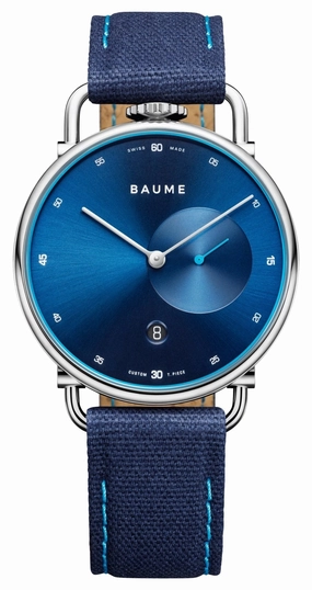Baume & Mercier Baume Stainless Steel Blue Dial Blue Cotton Strap Date Quartz Mens Watch M0A10601