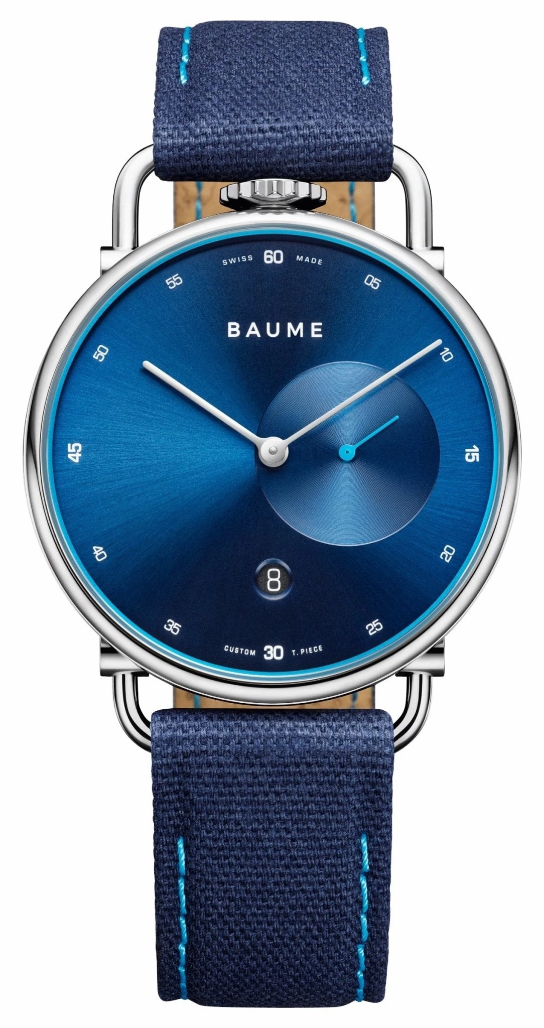 Baume & Mercier Baume Stainless Steel Blue Dial Blue Cotton Strap Date Quartz Mens Watch M0A10601