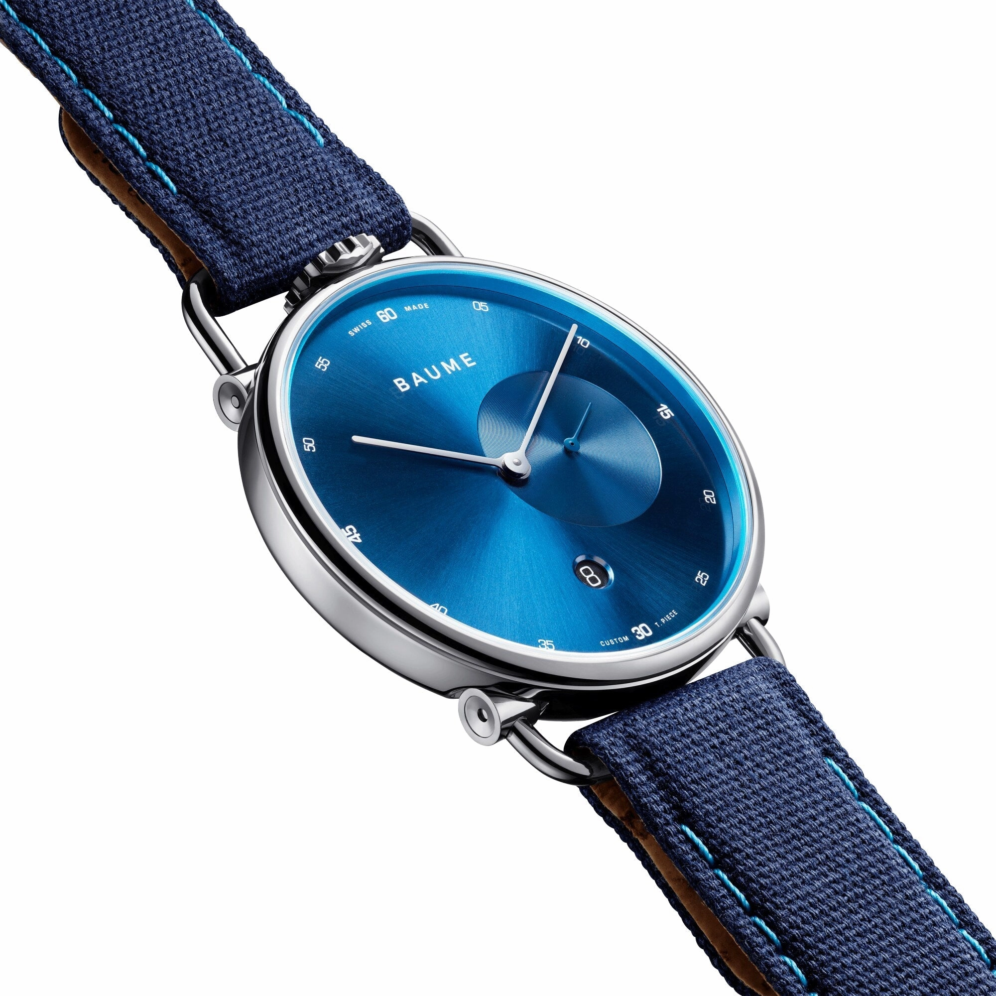 Baume & Mercier Baume Stainless Steel Blue Dial Blue Cotton Strap Date Quartz Mens Watch M0A10601