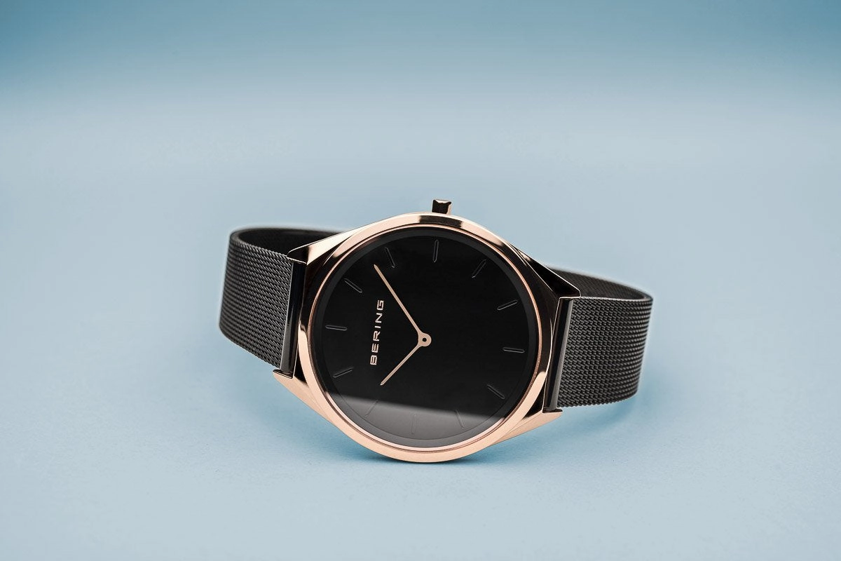 Bering Ultra Slim Polished Rose Gold Black Mesh Watch