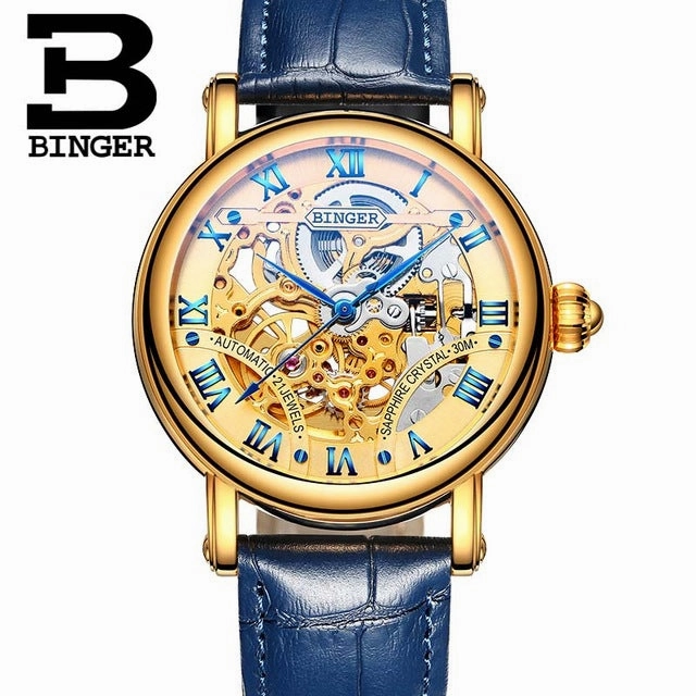 BINGER Couple Automatic Watch Men Skeleton Mechanical Watch For Women Wristwatch Stainless Steel Strap Waterproof Watch B-5066M