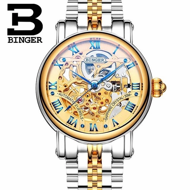 BINGER Couple Automatic Watch Men Skeleton Mechanical Watch For Women Wristwatch Stainless Steel Strap Waterproof Watch B-5066M