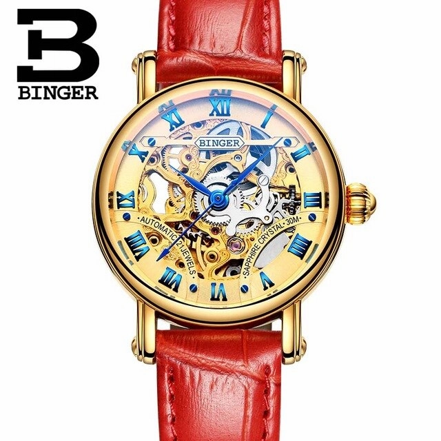 BINGER Couple Automatic Watch Men Skeleton Mechanical Watch For Women Wristwatch Stainless Steel Strap Waterproof Watch B-5066M