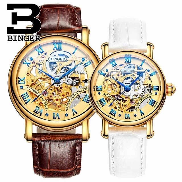 BINGER Couple Automatic Watch Men Skeleton Mechanical Watch For Women Wristwatch Stainless Steel Strap Waterproof Watch B-5066M