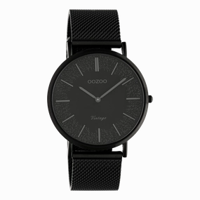 Black OOZOO watch with black metal mesh bracelet - C20144