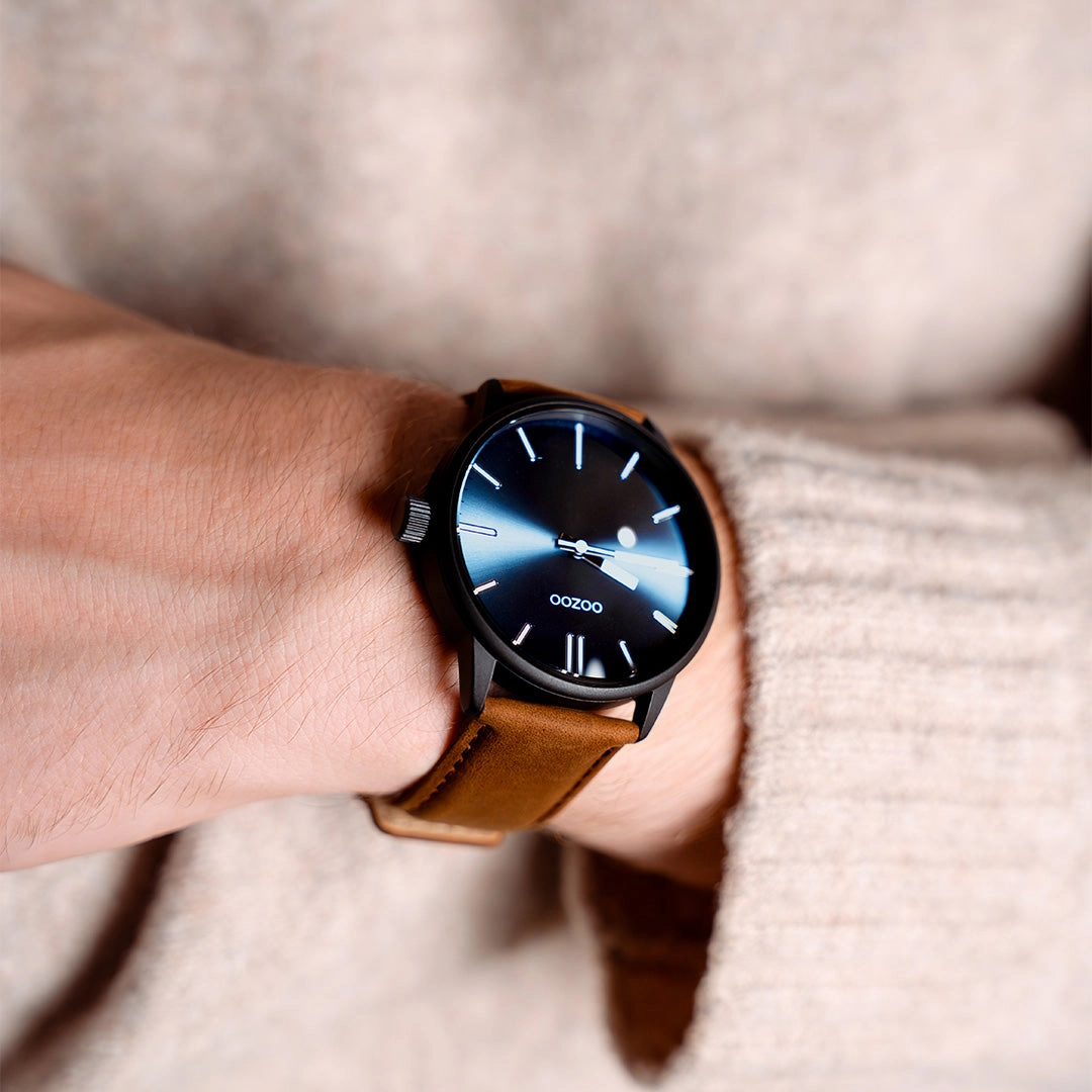 Black OOZOO watch with brown leather strap - C11401