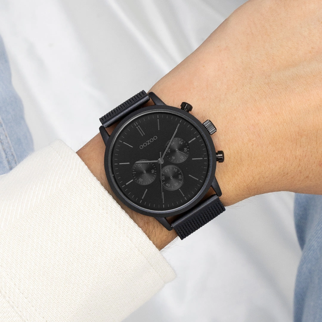 Black OOZOO watch with metal mesh bracelet - C11204