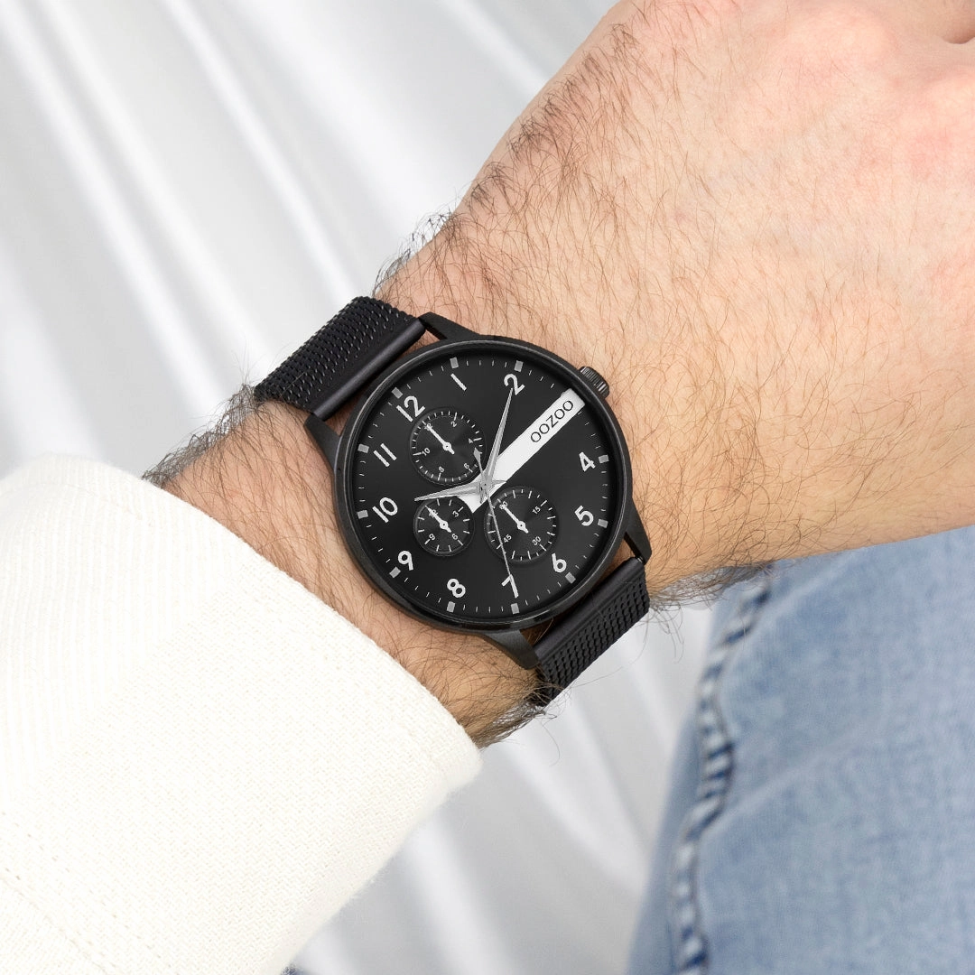 Black OOZOO watch with metal mesh bracelet - C11304