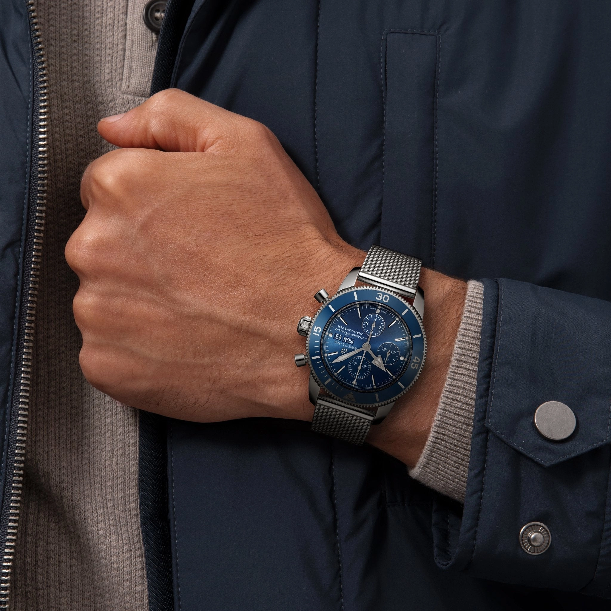 Breitling Superocean Heritage Automatic Chronograph Stainless Steel Blue Dial Mesh Bracelet Mens Watch A13313161C1A1