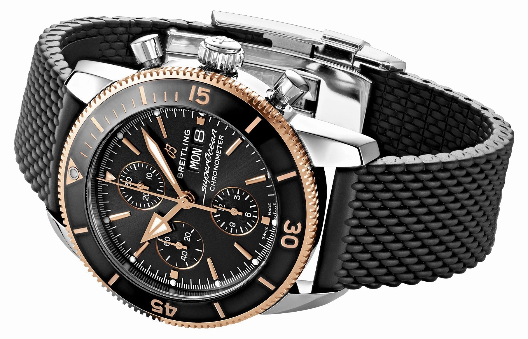 Breitling Superocean Heritage Automatic Chronometer Chronograph Stainless Steel & 18k Rose Gold Black Dial Black Rubber Strap Day/Date Divers Mens Watch U13313121B1S1