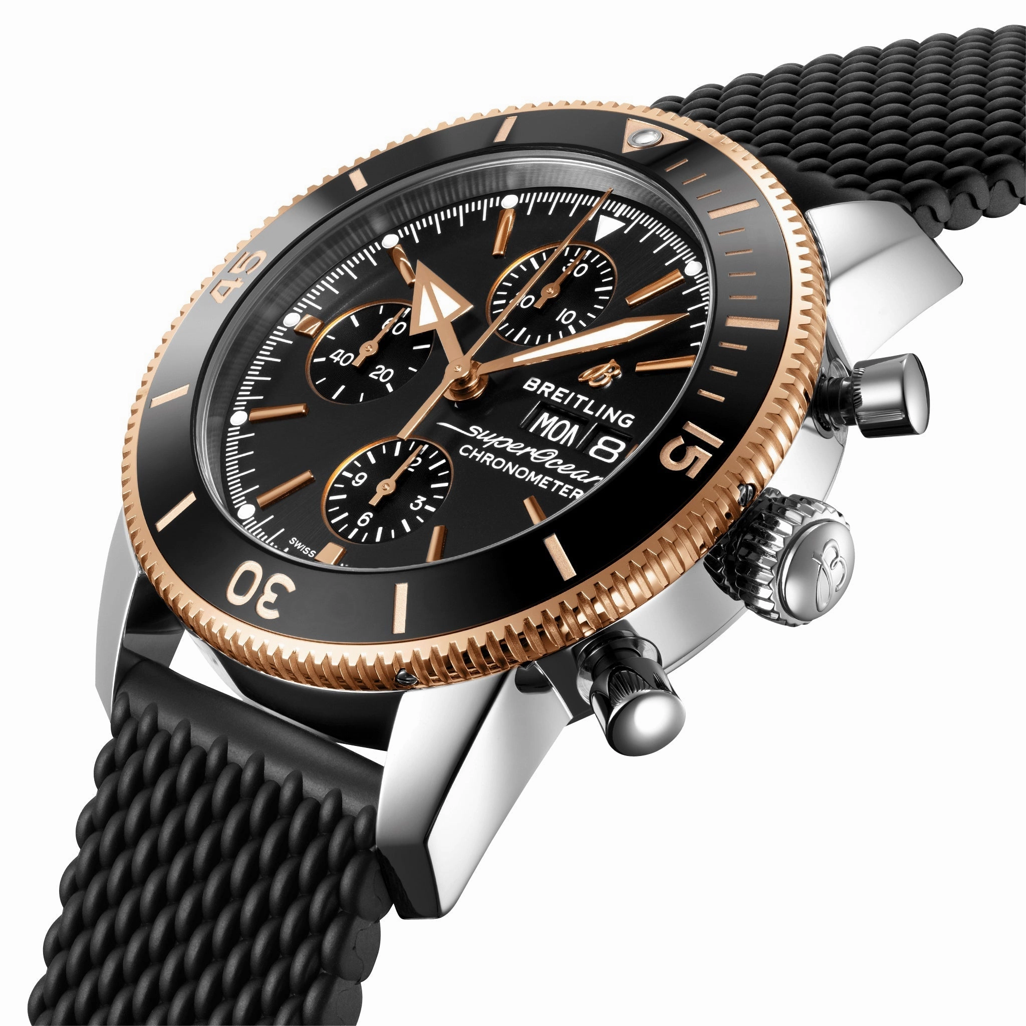 Breitling Superocean Heritage Automatic Chronometer Chronograph Stainless Steel & 18k Rose Gold Black Dial Black Rubber Strap Day/Date Divers Mens Watch U13313121B1S1