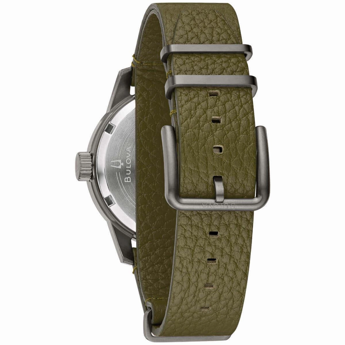 Bulova Men's Automatic Watch - Hack Black Dial Green Leather Strap | 98A255