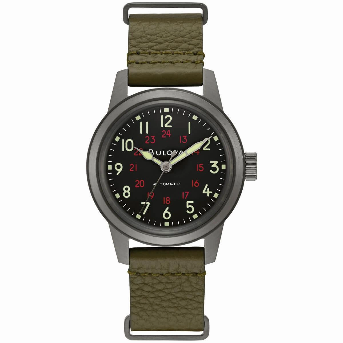 Bulova Men's Automatic Watch - Hack Black Dial Green Leather Strap | 98A255
