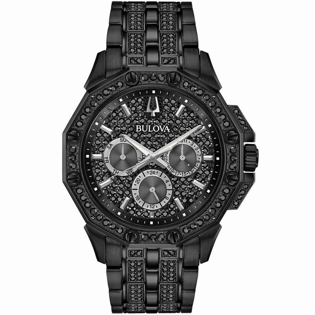 Bulova Men's Bracelet Watch - Crystal Quartz Day-Date Black Pave Dial | 98C134