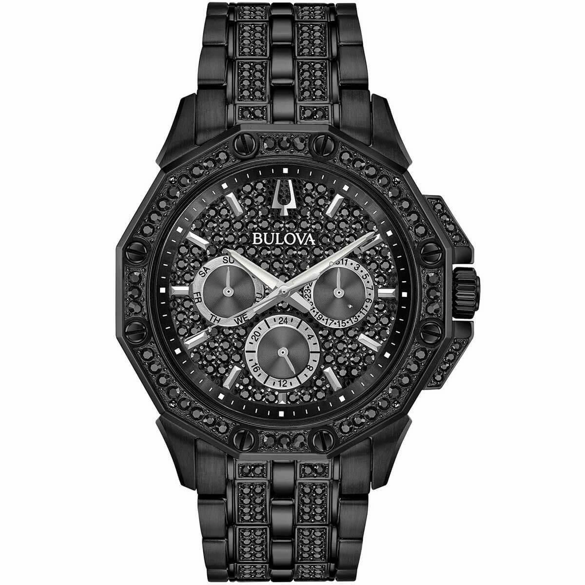 Bulova Men's Bracelet Watch - Crystal Quartz Day-Date Black Pave Dial | 98C134