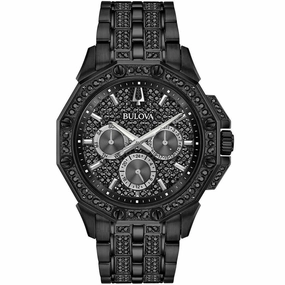 Bulova Men's Bracelet Watch - Crystal Quartz Day-Date Black Pave Dial | 98C134