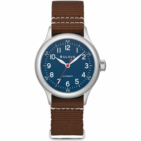 Bulova Men's Watch - A-11 Hack Automatic Silver Case Blue Dial Brown Strap | 96A282