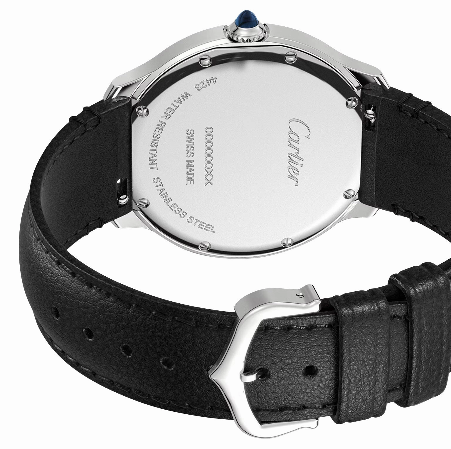 Cartier Ronde Must de Cartier Stainless Steel Silver Dial Black Leather Strap Quartz Unisex Watch WSRN0031