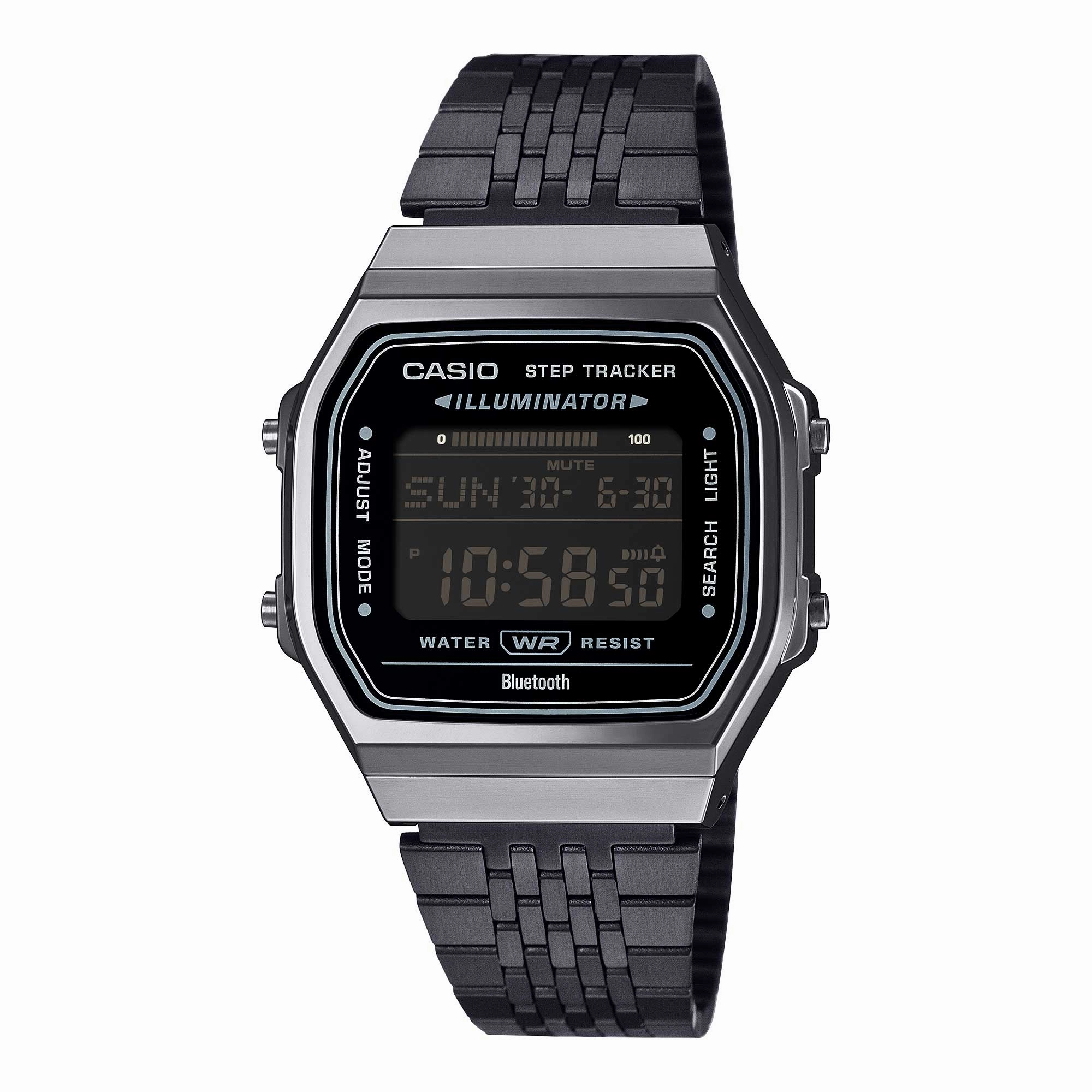 Casio Digital Vintage Style Bluetooth? Step Tracker Black Ion Plated Stainless Steel Band Watch ABL100WEGG-1B ABL-100WEGG-1B