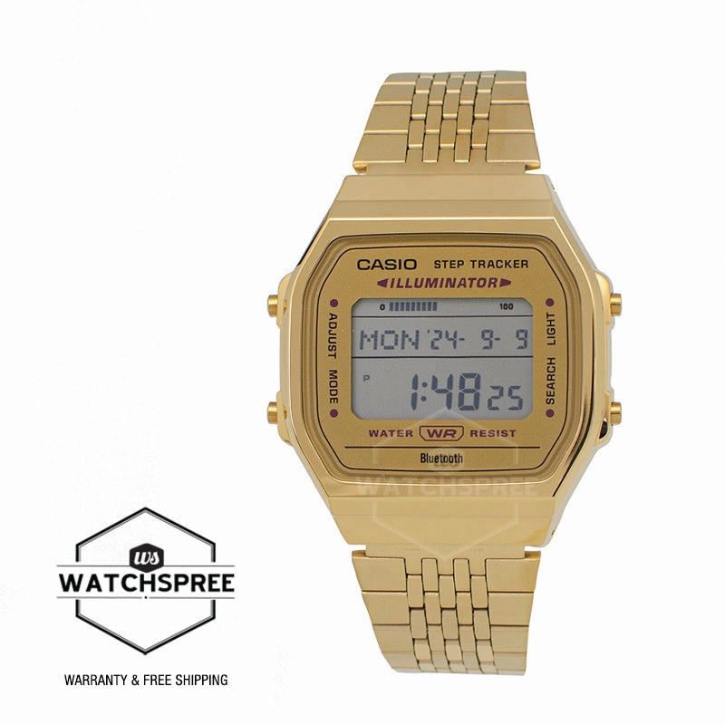 Casio Digital Vintage Style Bluetooth? Step Tracker Gold Ion Plated Stainless Steel Band Watch ABL100WEG-9A ABL-100WEG-9A