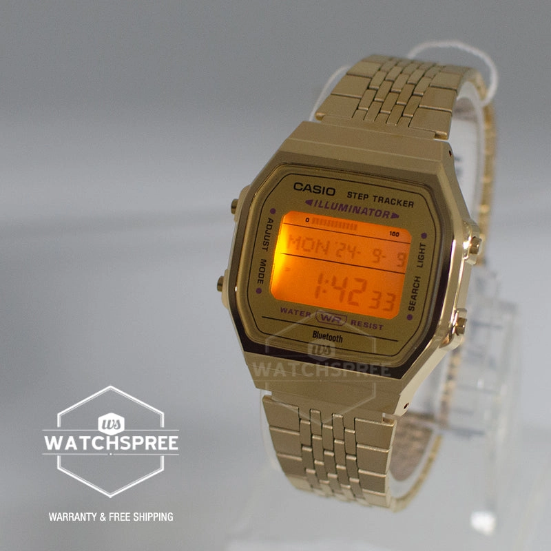 Casio Digital Vintage Style Bluetooth? Step Tracker Gold Ion Plated Stainless Steel Band Watch ABL100WEG-9A ABL-100WEG-9A