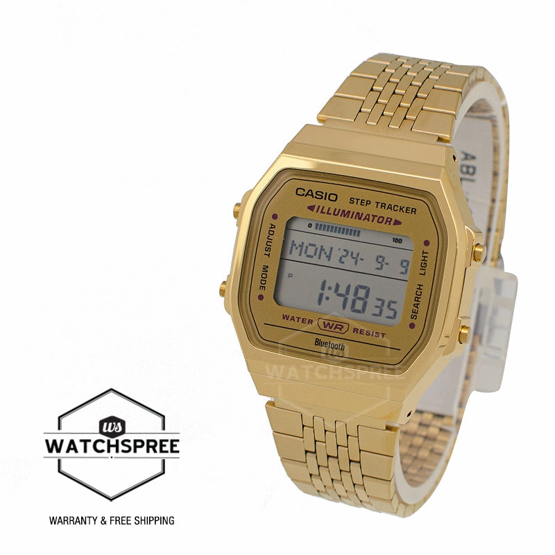 Casio Digital Vintage Style Bluetooth? Step Tracker Gold Ion Plated Stainless Steel Band Watch ABL100WEG-9A ABL-100WEG-9A