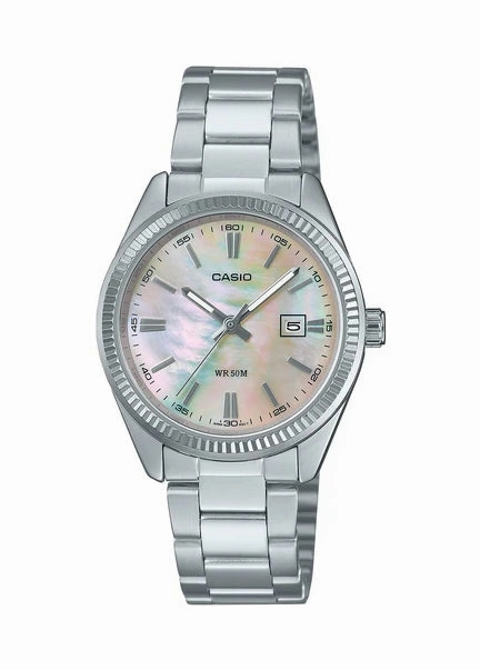 CASIO LADIES ANALOGUE PEARL DIAL STAINLESS STEEL BRACELET LTP1302DS-4A