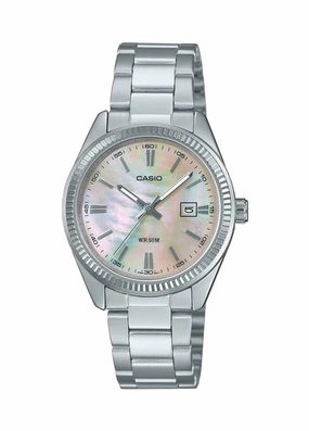 CASIO LADIES ANALOGUE PEARL DIAL STAINLESS STEEL BRACELET LTP1302DS-4A