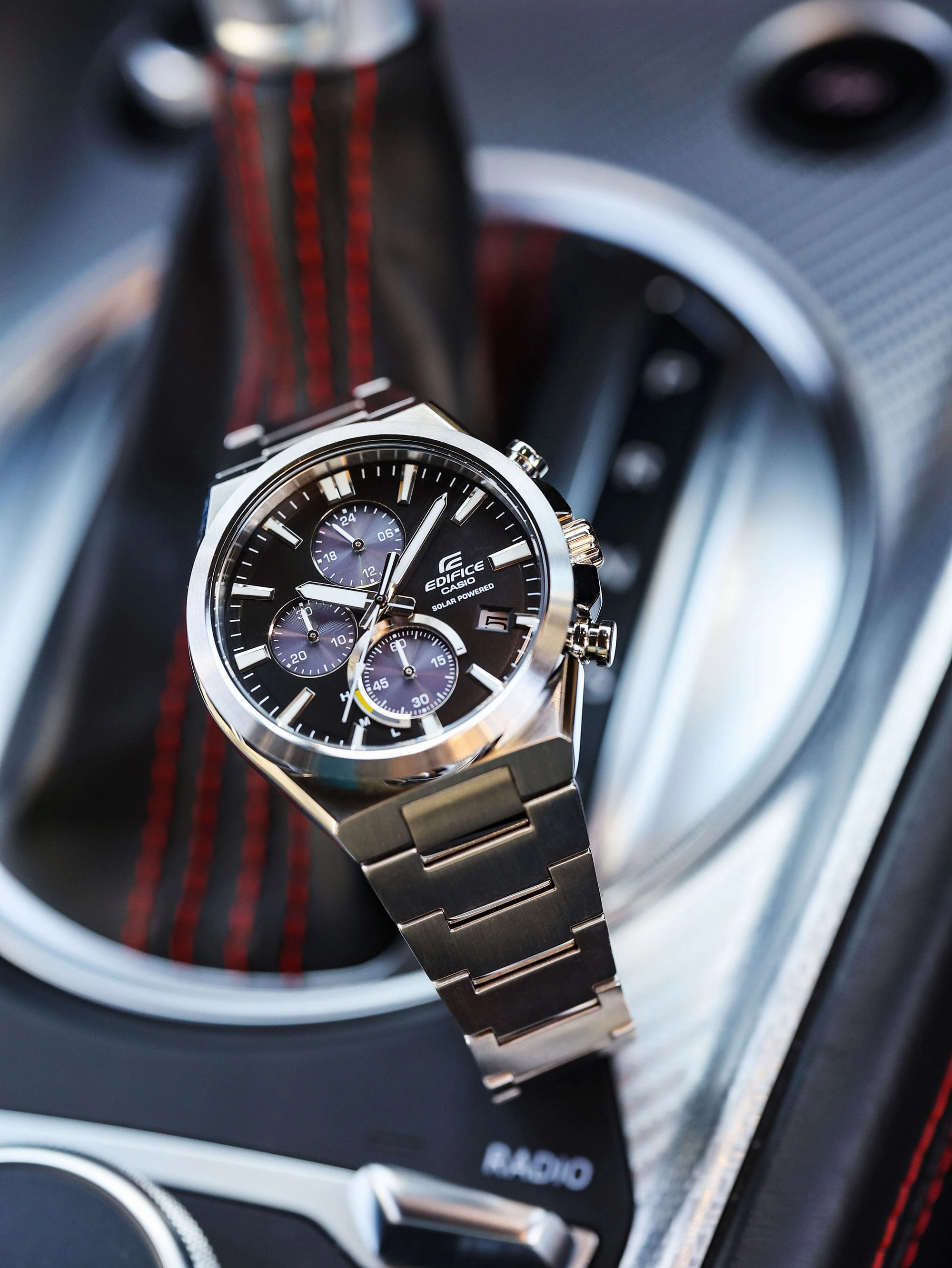 Casio Solar Powered Chronograph Black Dial Stainless Steel Watch EQS950D-1A