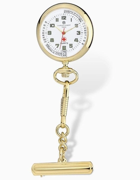 Charles Hubert Nurses Lapel Pin Watch - Gold-Tone - White Dial - Date