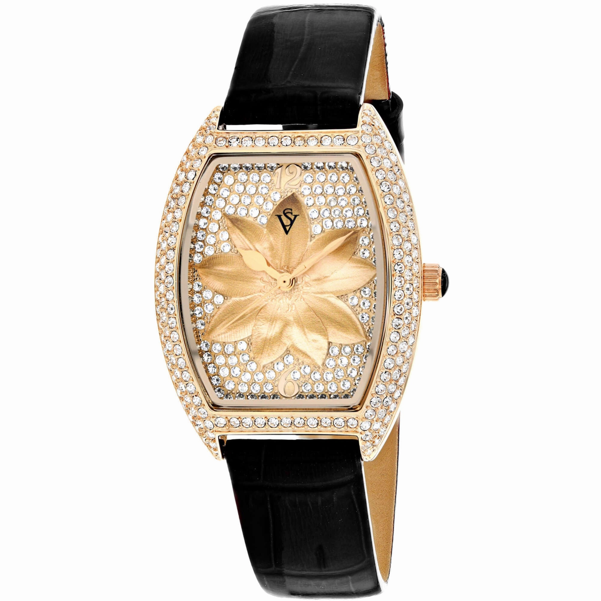 Christian Van Sant Women's Watch - Lotus Quartz Rose Gold Dial Black Strap | CV4856