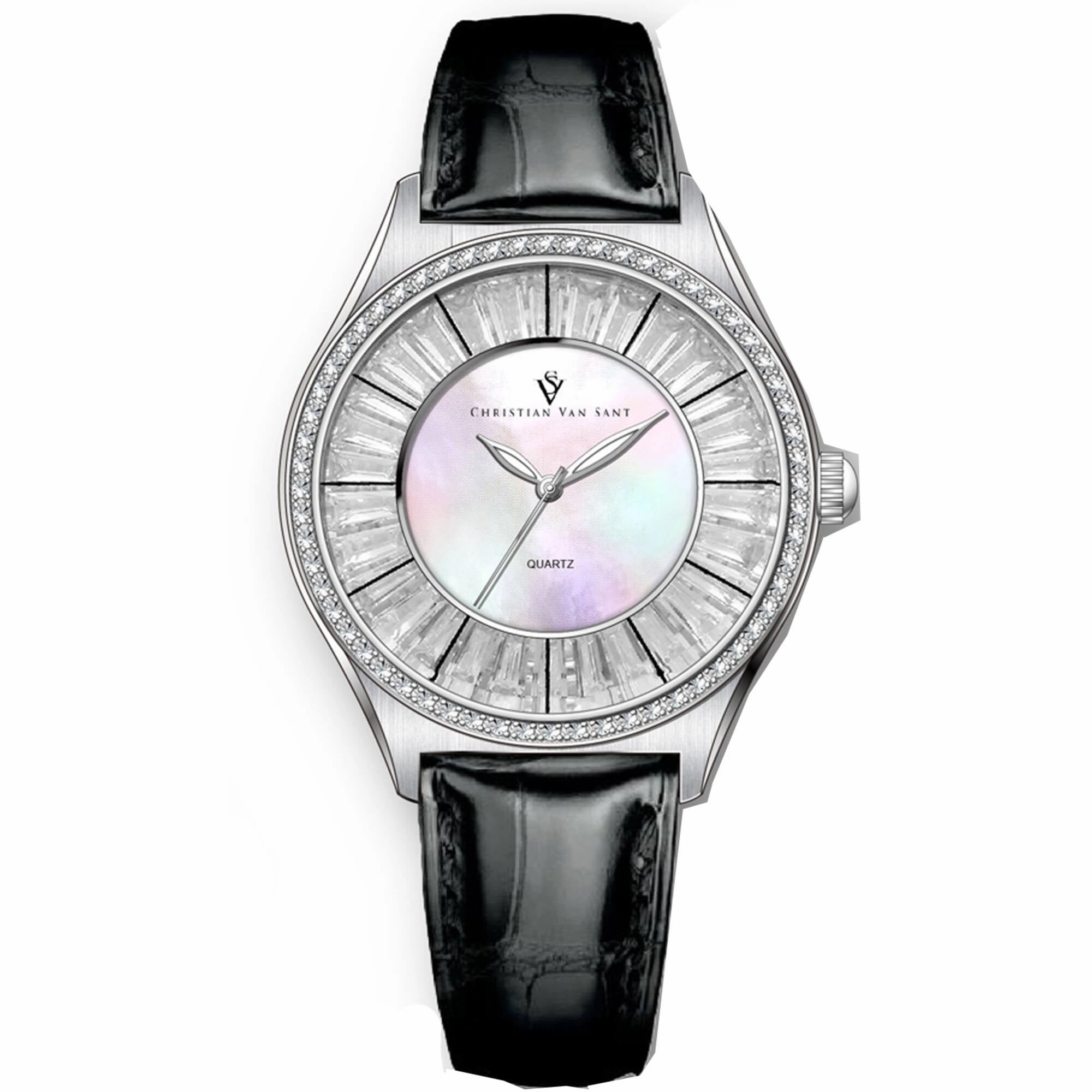 Christian Van Sant Women's Watch - Luna Quartz Mop Dial Black Leather Strap | CV3200